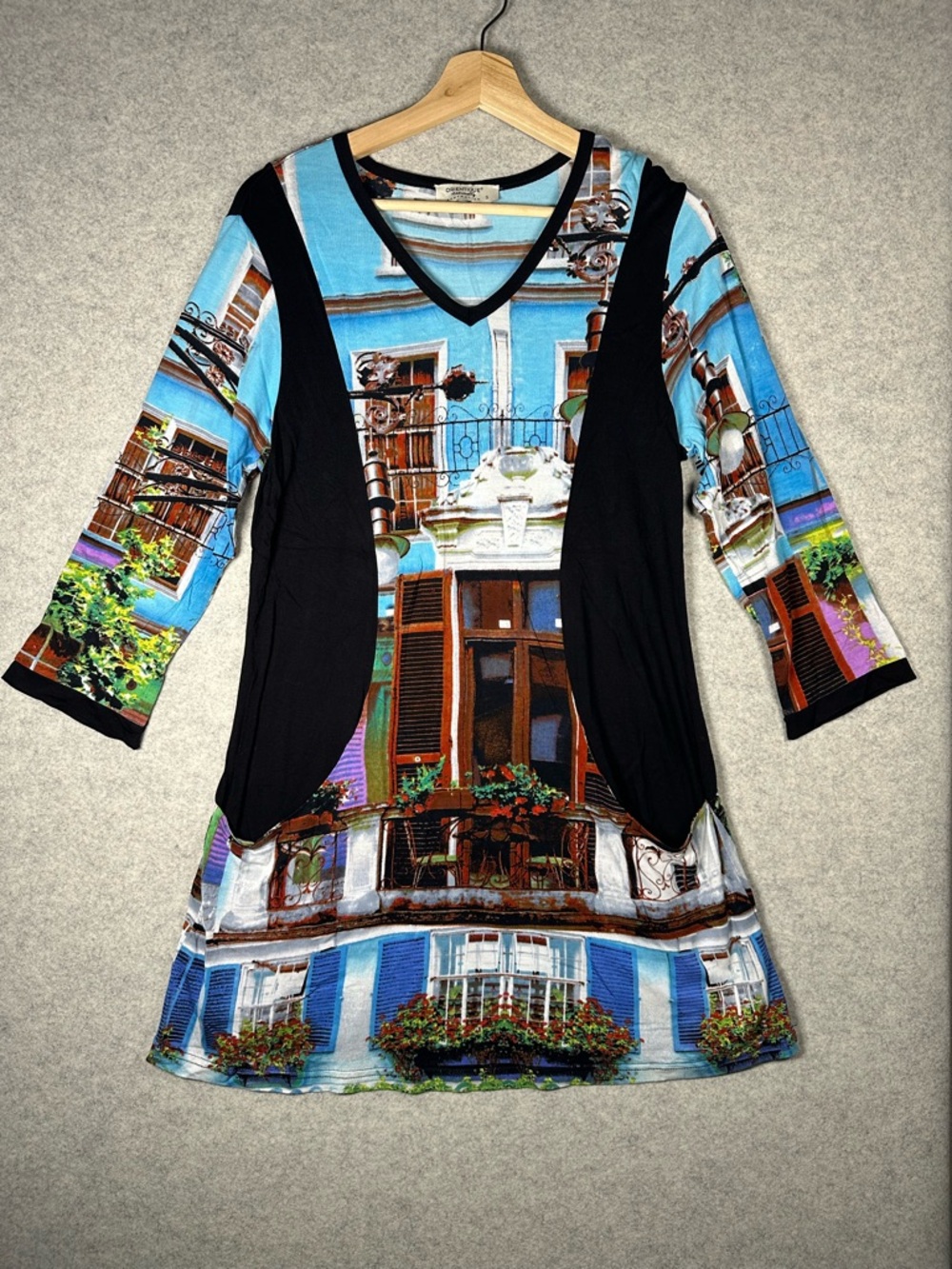 Orientique Naturally Australian Art Deco V-Neck Tunic Top Mini Dress Scenery S